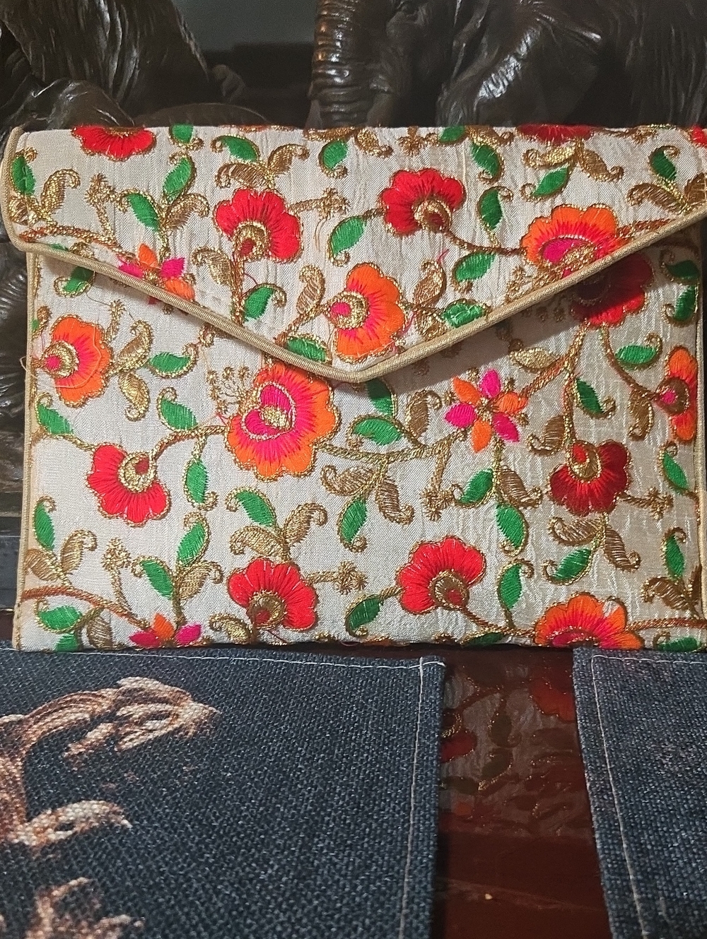 Embroidered Silk Brocade Floral Envelope Clutch - Gold Lining. Handmade.